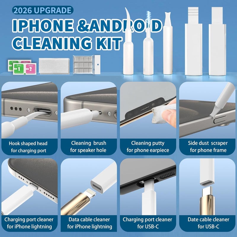 HISSIMO 2026 Upgrade Phone Cleaning Kit 47PCS, iPhone Cleaning Kit, Airbud AirPods Cleaning Kit, Keyboard Cleaning Kit, Charging Port Cleaner for Apple Lightning/Android USB-C (White) - Image 2